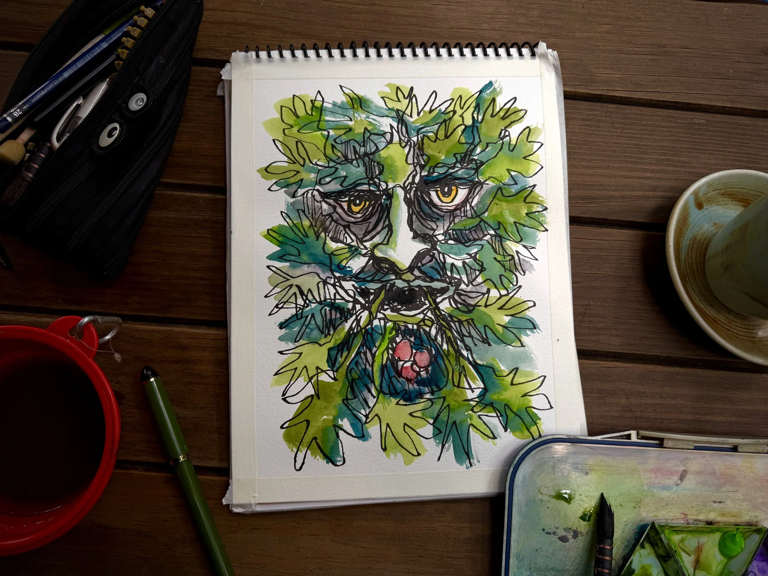 Continuous Line Green Man Drawing by Meagan Burns
