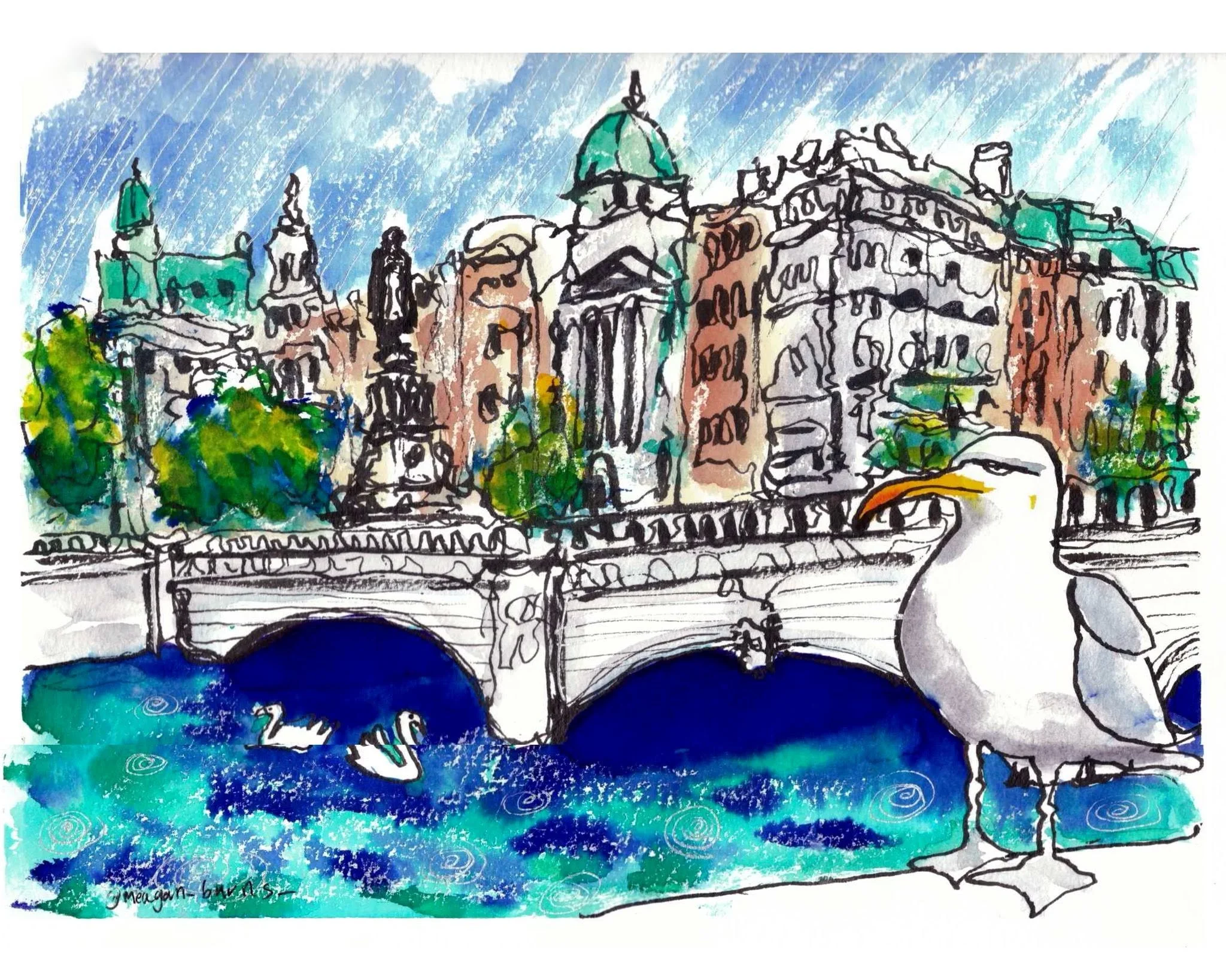 Sketch Ireland with Meagan Burns urban sketch of McConnell Bridge Dublin