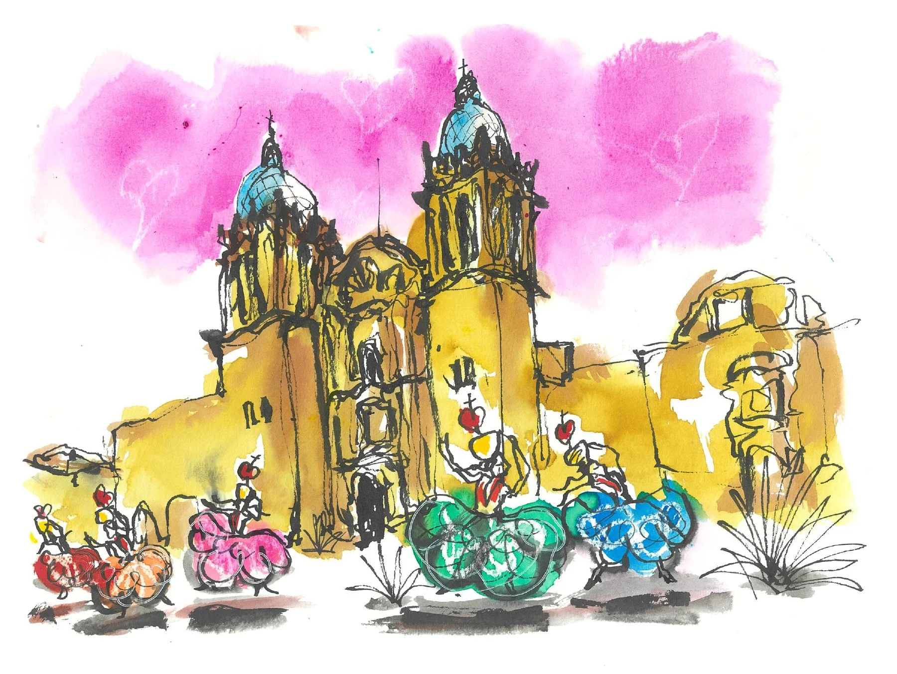 Dancers at Oaxaca Cathedral, urban sketching with Meagan Burns