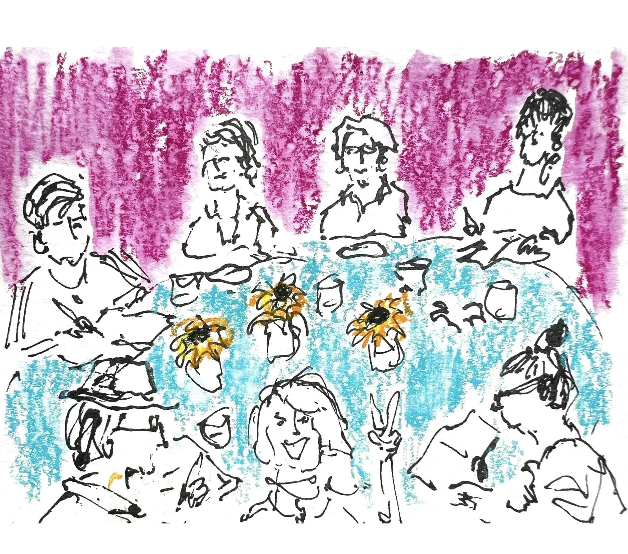 Sketchers gathering around the table in Oaxaca with Meagan Burns