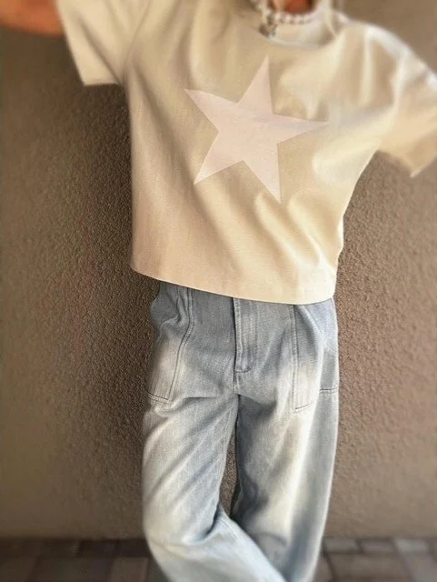 Banditas Nashi Jean in vintage-washed light blue denim with relaxed barrel-leg fit and oversized patch pockets