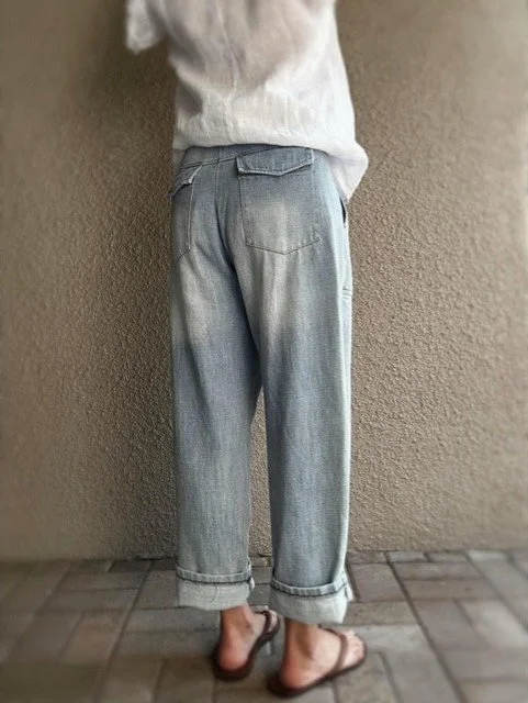 Banditas Nashi Jean in vintage-washed light blue denim with relaxed barrel-leg fit and patch pockets