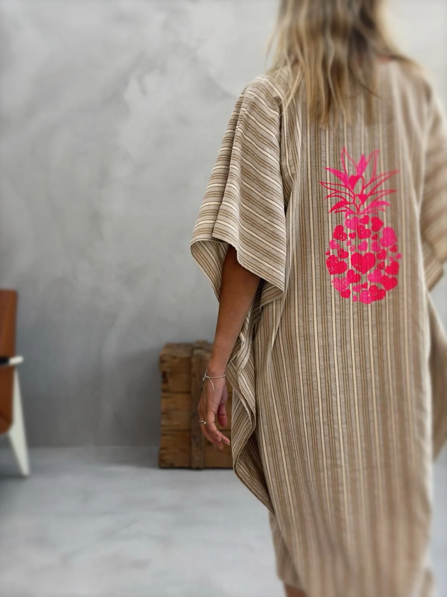 Sirio oversized striped dress with neon pink heart pineapple detail