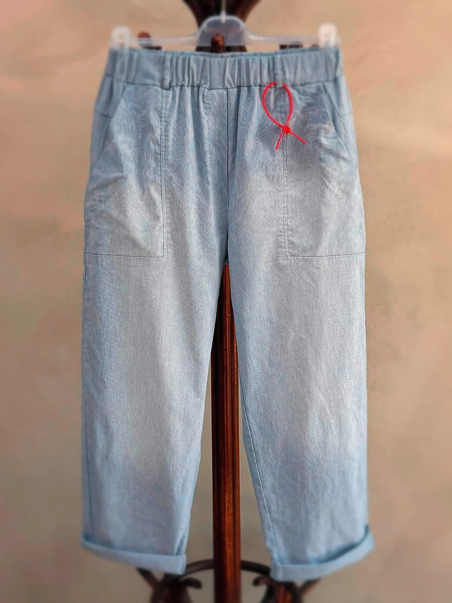 Banditas Scornio Pants in soft blue striped cotton with full elastic waist and relaxed barrel-leg fit