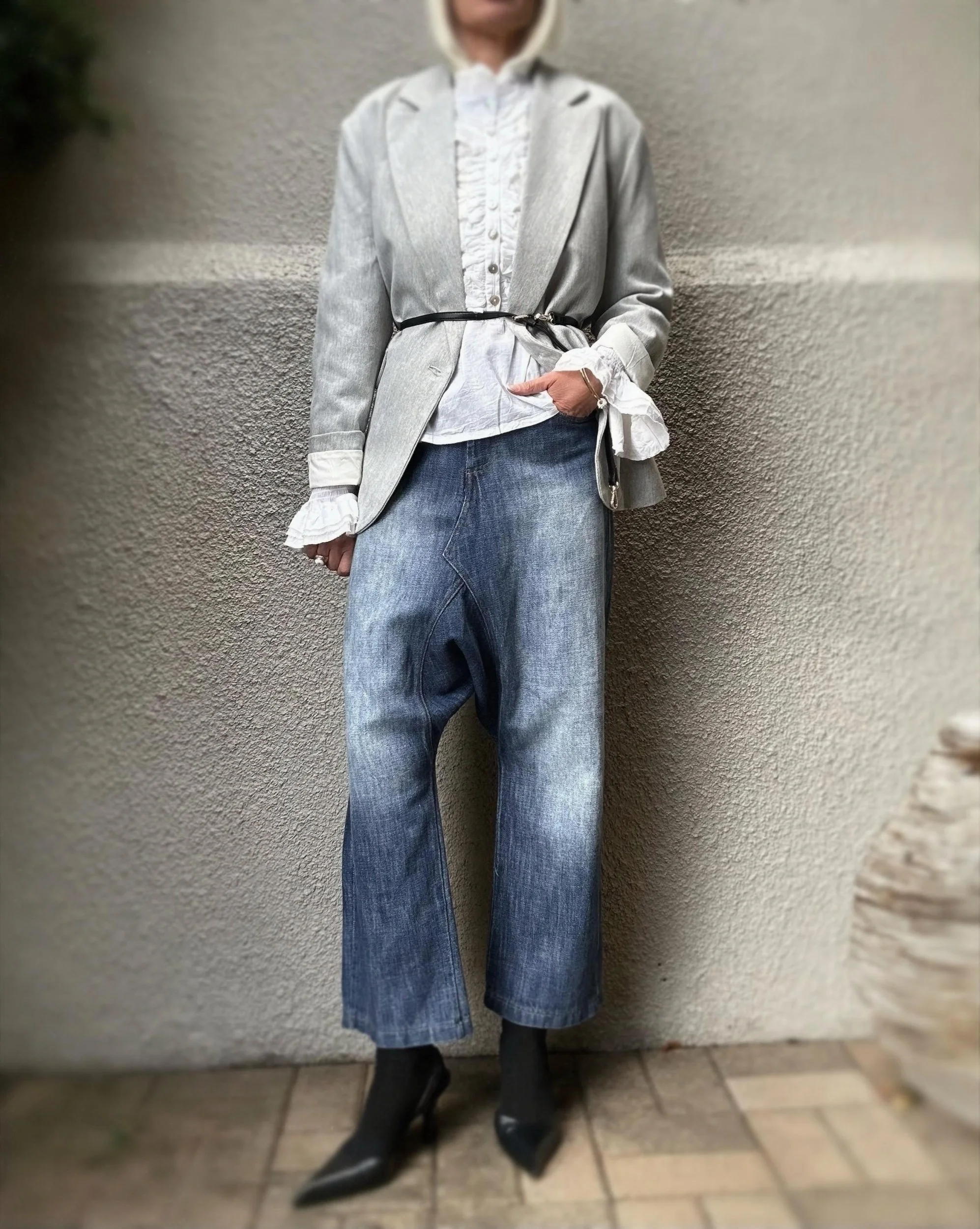 Front view of Banditas Baldwin Harem Jeans styled with a light blazer and casual, relaxed fit.