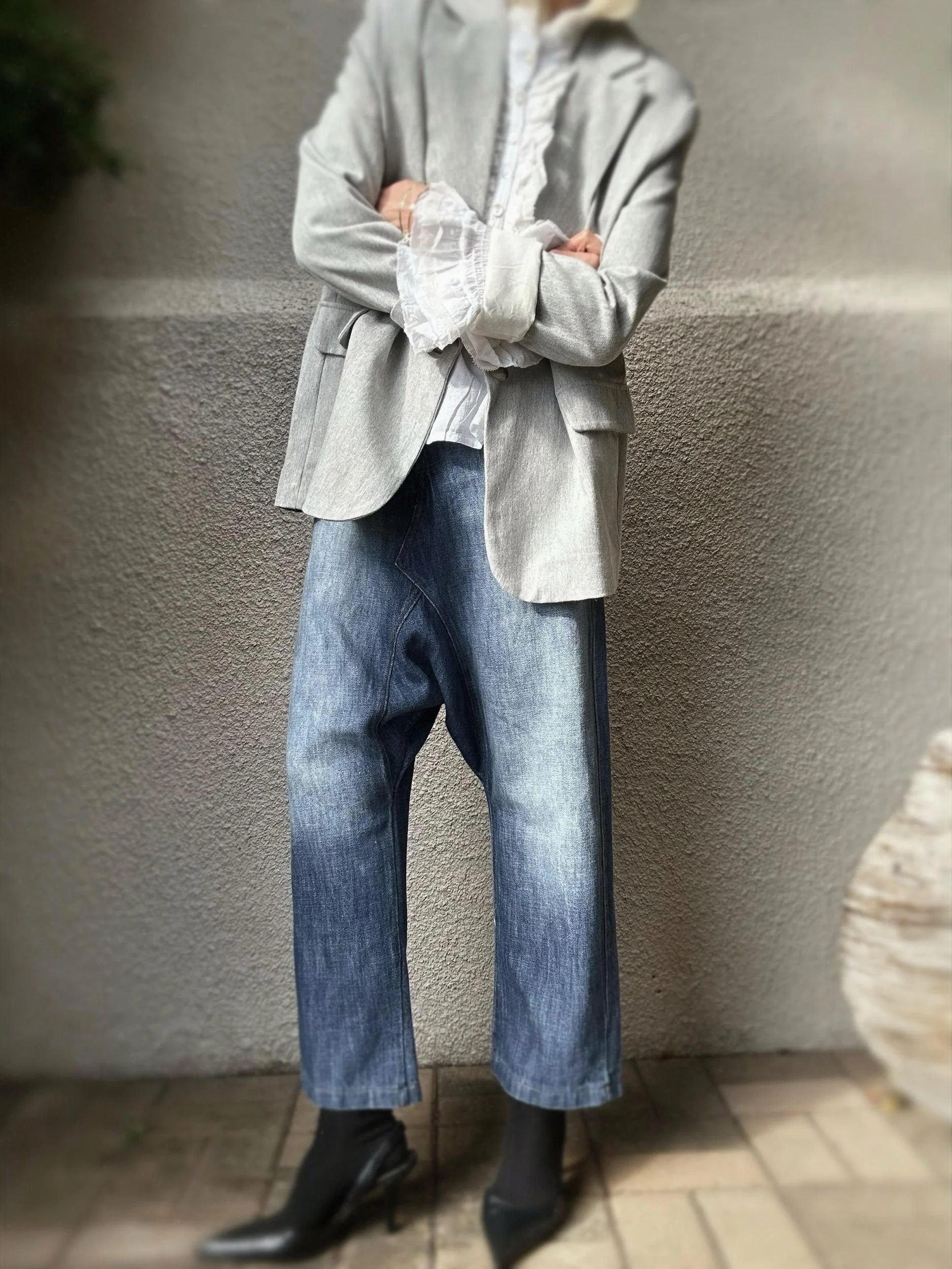 Banditas Baldwin Harem Jeans styled with a light blazer, showing the relaxed European-inspired silhouette