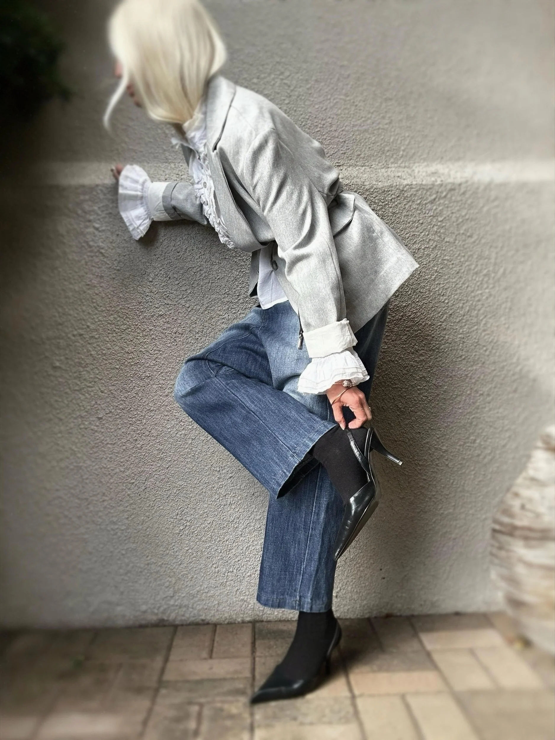 Side view of Banditas Baldwin Harem Jeans showing the slouchy fit and distinctive dropped-crotch silhouette.