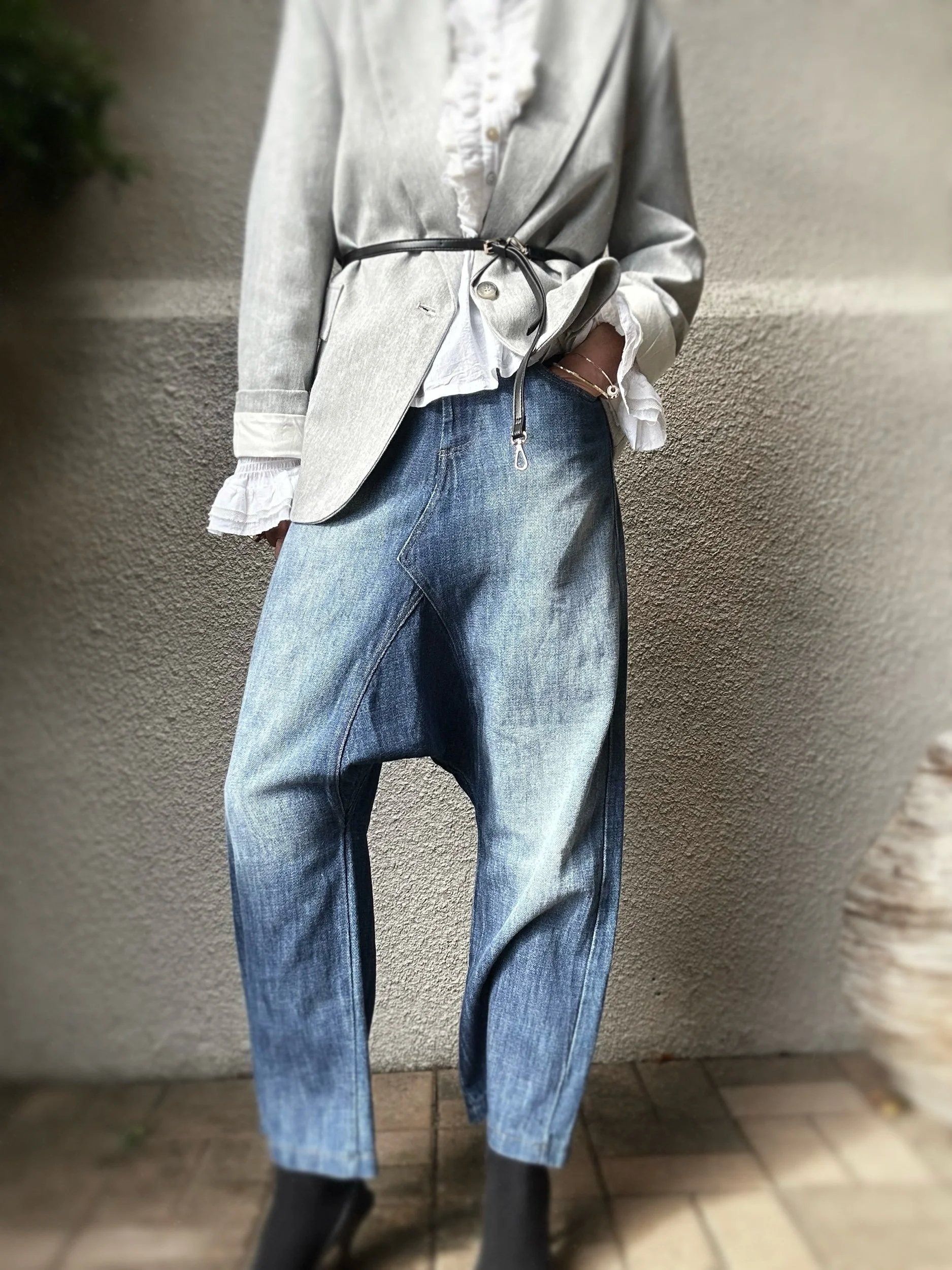 Close-up of Banditas Baldwin Harem Jeans showing the roomy fit through the hips and thighs.