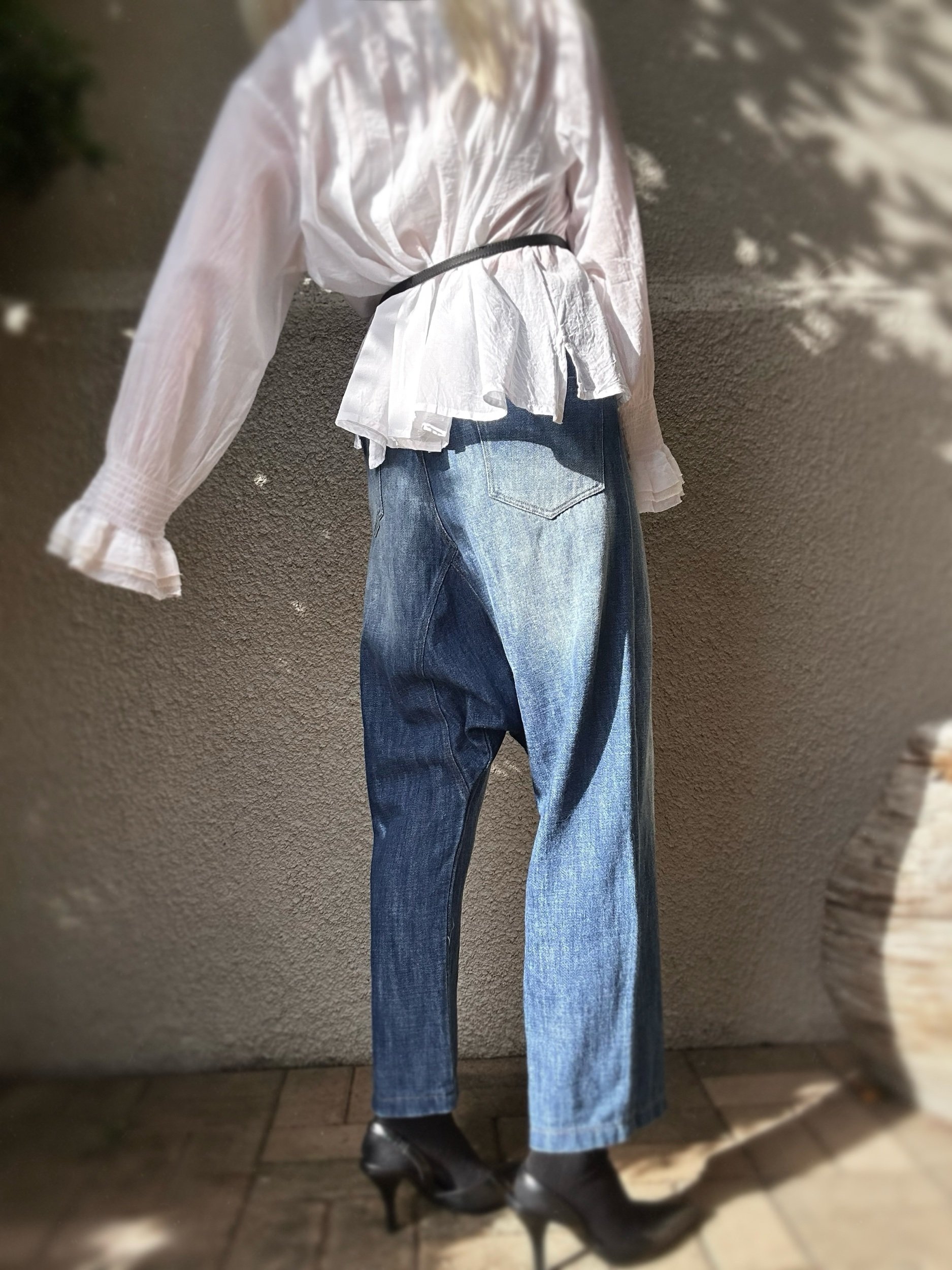 Back view of Banditas Baldwin Harem Jeans showing the distinctive harem shape and vintage-washed denim.