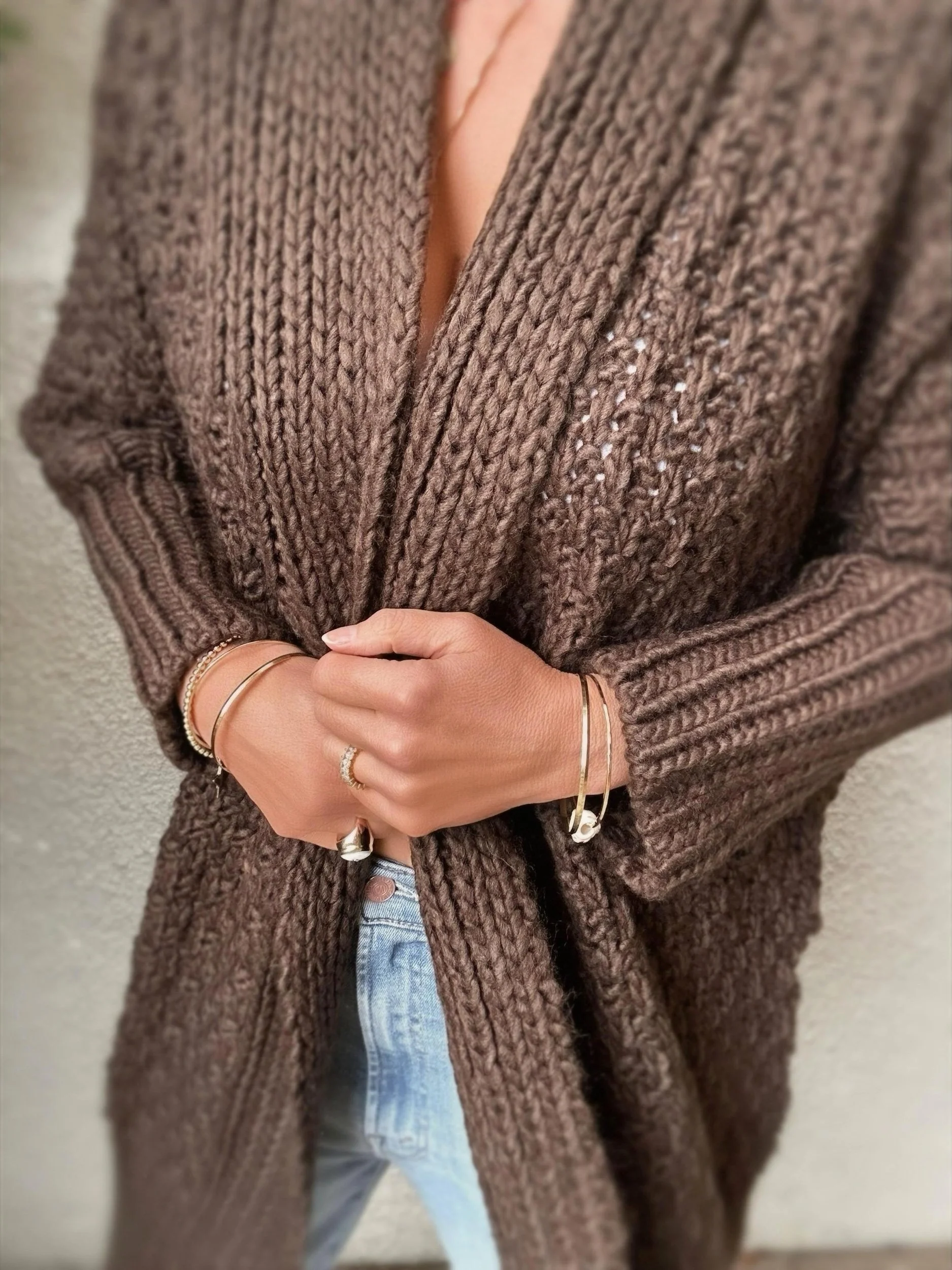 Front view of brown Banditas Honolua Long Cardigan with open-front design and chunky knit texture