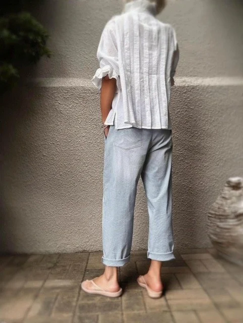 Banditas Scornio Pants in soft blue striped cotton with relaxed barrel-leg fit and back pockets