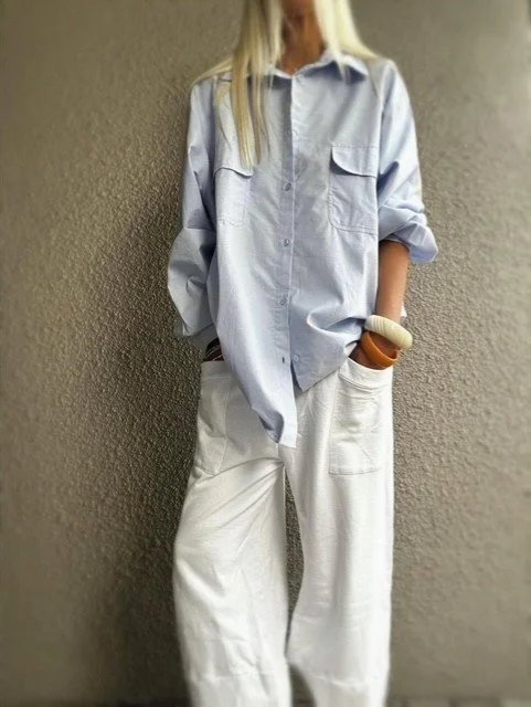 Banditas Hutting Shirt relaxed light blue cotton shirt with white pants
