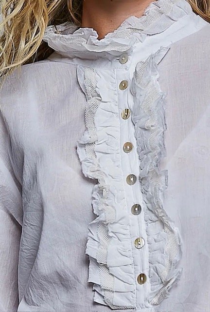 Close-up of the white blouse’s textured fabric, ruffled front and buttons.