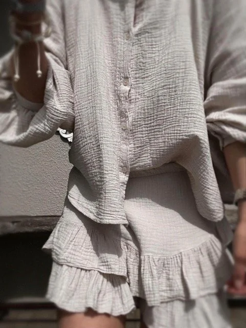 Capri Gauze Shirt and Capri Ruffle Skirt styled down.