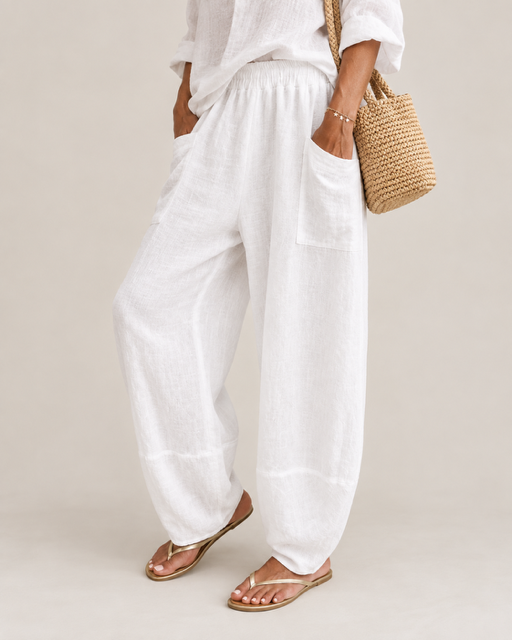 Paia Linen Jogger in White with relaxed barrel leg and patch pockets