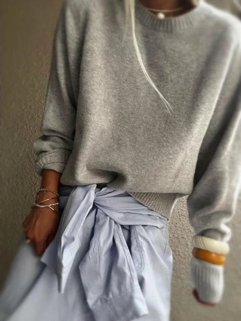 Banditas Hutting Shirt styled tied at the waist with grey sweater