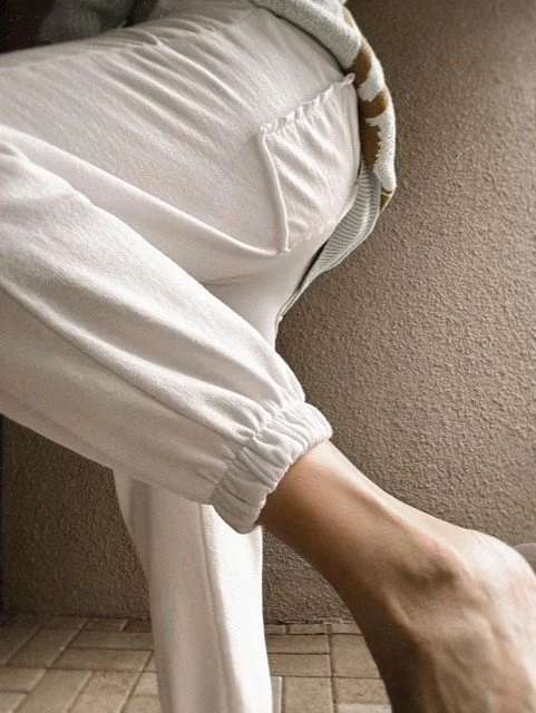 White women's joggers with soft cotton blend fabric and comfortable stretch