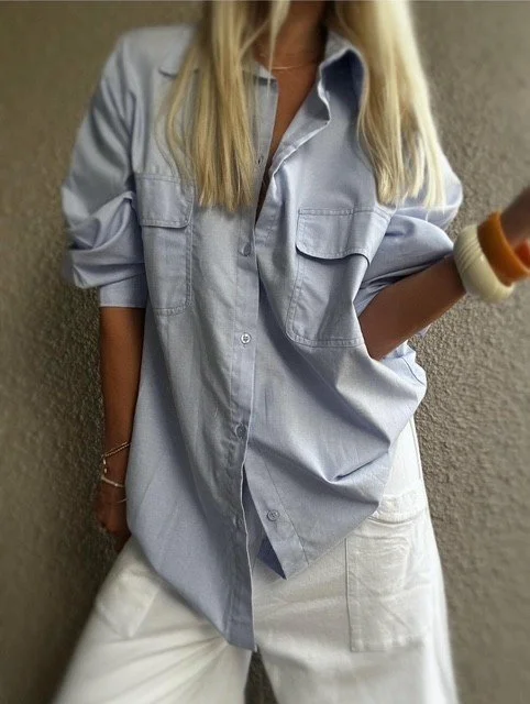 Banditas Hutting Shirt oversized light blue cotton shirt styled with white pants
