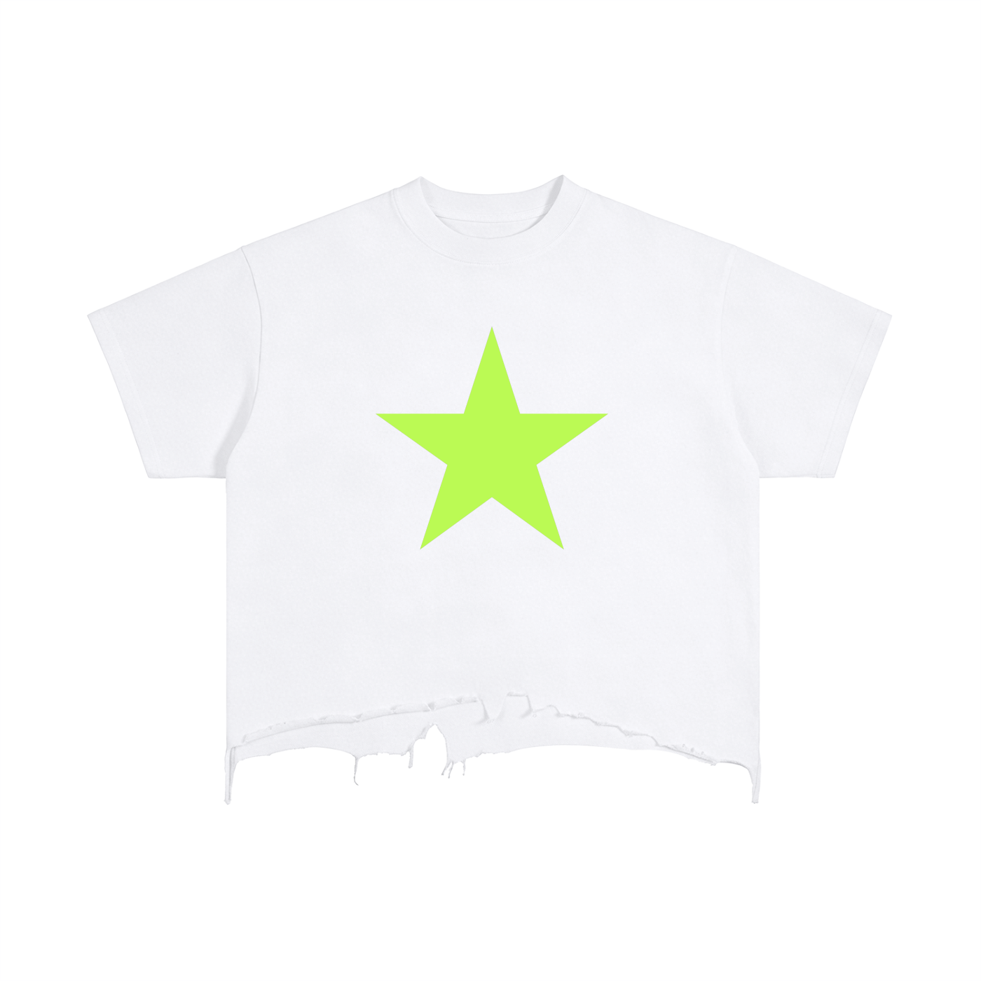 White t-shirt with a bright green star graphic in the center and a distressed hem at the bottom.