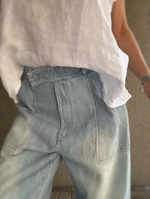 Banditas Nashi jeans showing the relaxed high waist and softly curved barrel-leg fit
