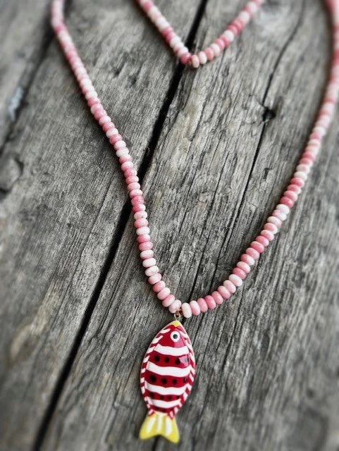 Pink & White Beaded Necklace with Fish Pendant