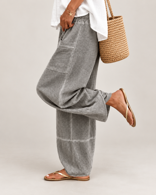 Paia Linen Jogger in Chocolate showing the Italian linen cotton texture and relaxed fit