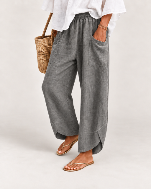 Paia Linen Jogger in Chocolate with relaxed barrel leg and patch pockets