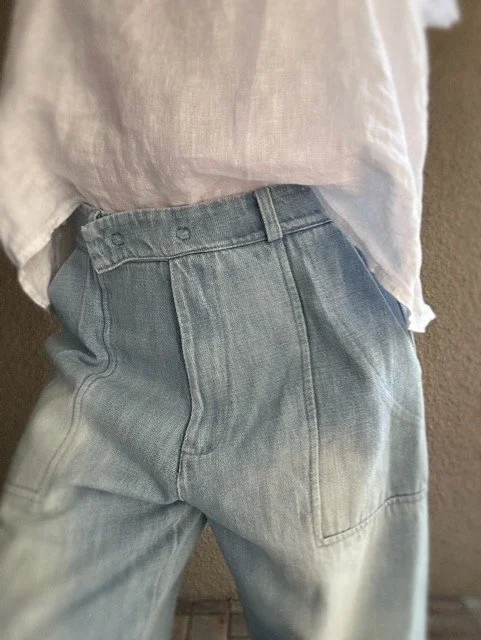 Banditas Nashi Jean in vintage-washed light blue denim with relaxed barrel-leg fit and oversized pockets