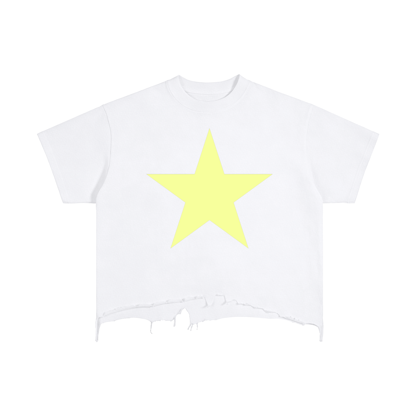 White T-shirt with a large yellow star graphic and a distressed hem at the bottom.