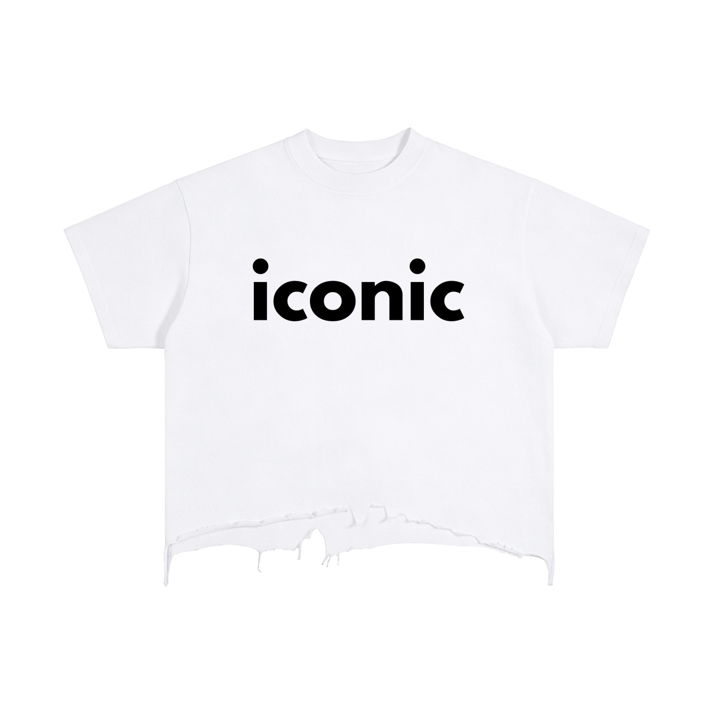 White T-shirt with the word "iconic" printed in bold black letters.