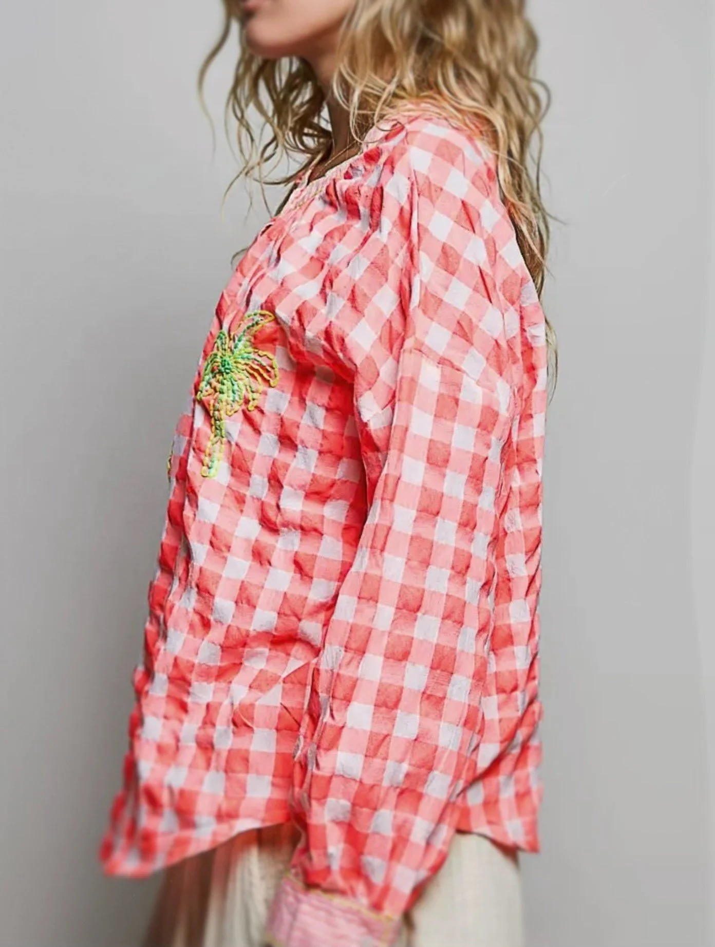 Neon Pink gingham palm shirt with embroidered palm detail and ruffled placket