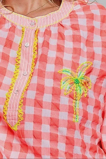 Pink gingham palm shirt with embroidered palm detail