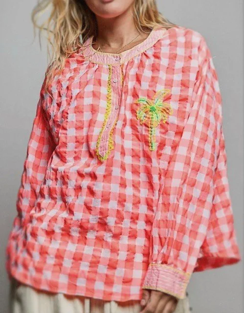Pink gingham palm shirt with embroidered neon palm detail and ruffled placket