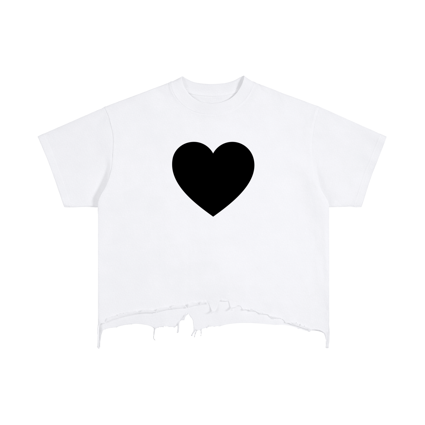 White distressed T-shirt with a large black heart graphic on the front.