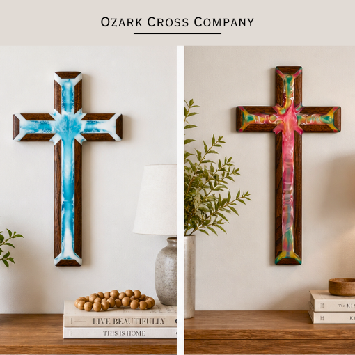 Split image of two colorful cross art pieces mounted on plain gray walls, with decorative items and books on shelves below.