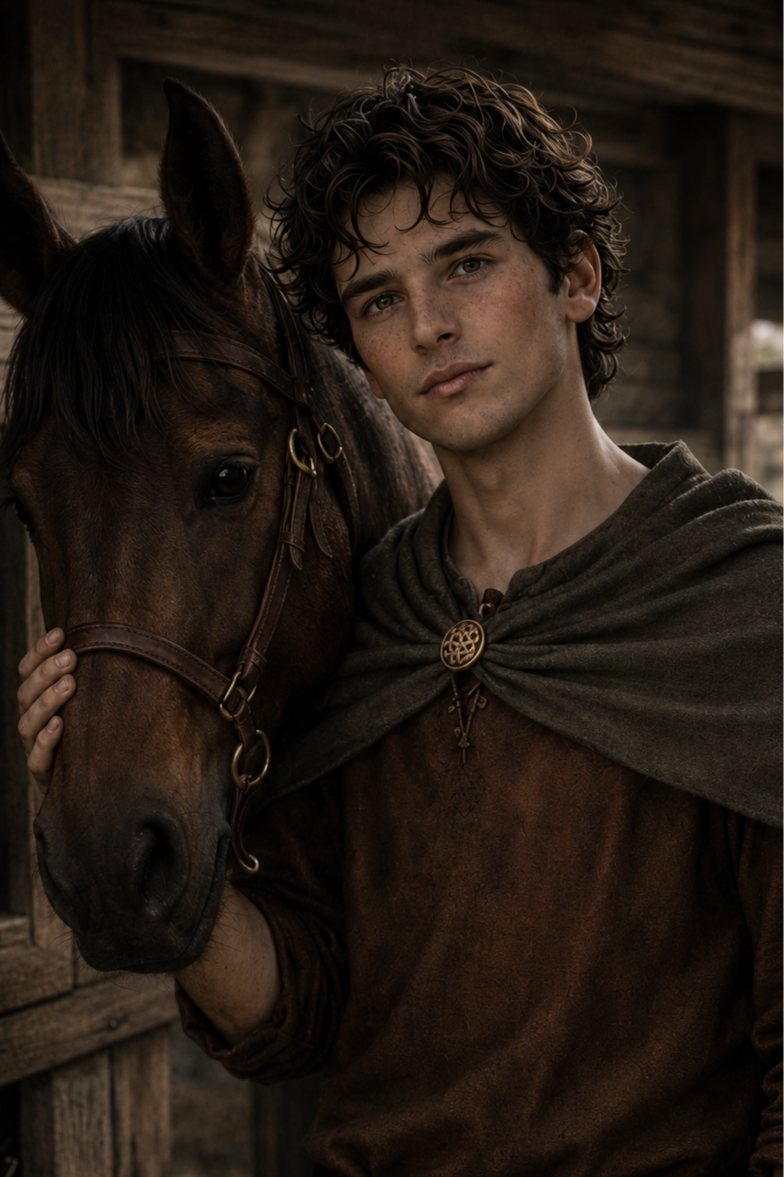 A young man with curly brown hair and a medieval-style cloak standing next to a brown horse with a bridle, inside a wooden stable or barn.