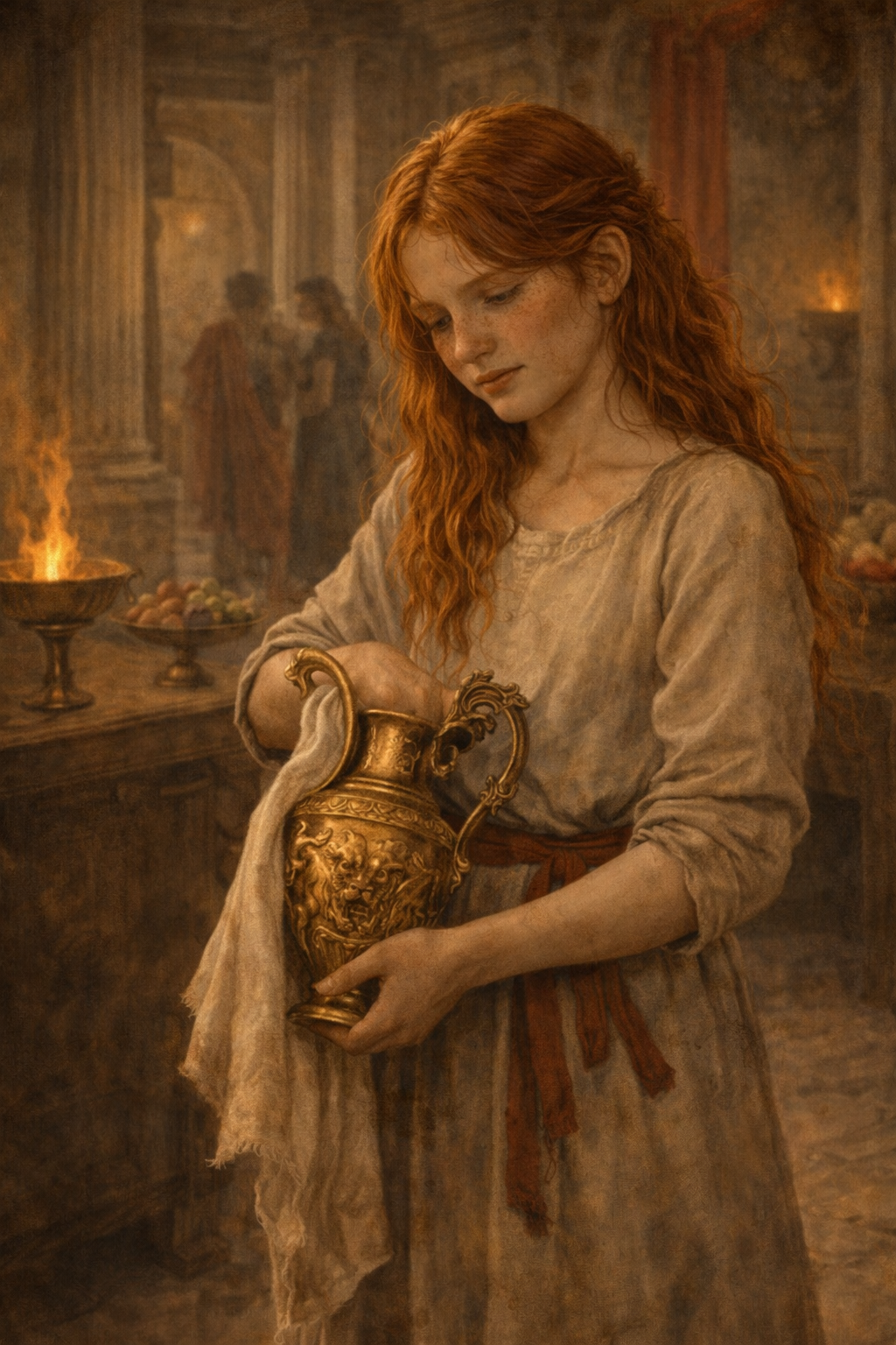 A young woman with long, curly red hair and freckles, wearing a beige dress, is holding a gold decorative pitcher and a cloth in what appears to be an ancient or historical setting, with people in the background around a table with fruits, and lit torches or lamps illuminating the scene.