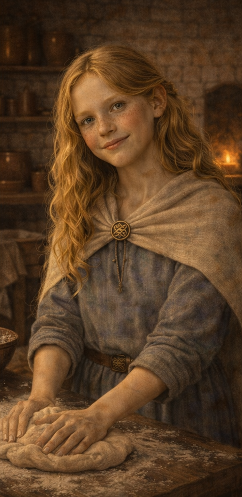 Young girl with red hair and freckles, wearing medieval-style clothing, shaping bread dough in a rustic kitchen.