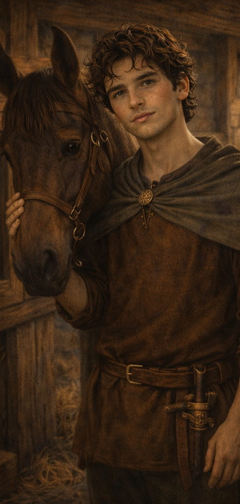 Young man with curly hair in medieval costume standing next to a brown horse inside a wooden stable.