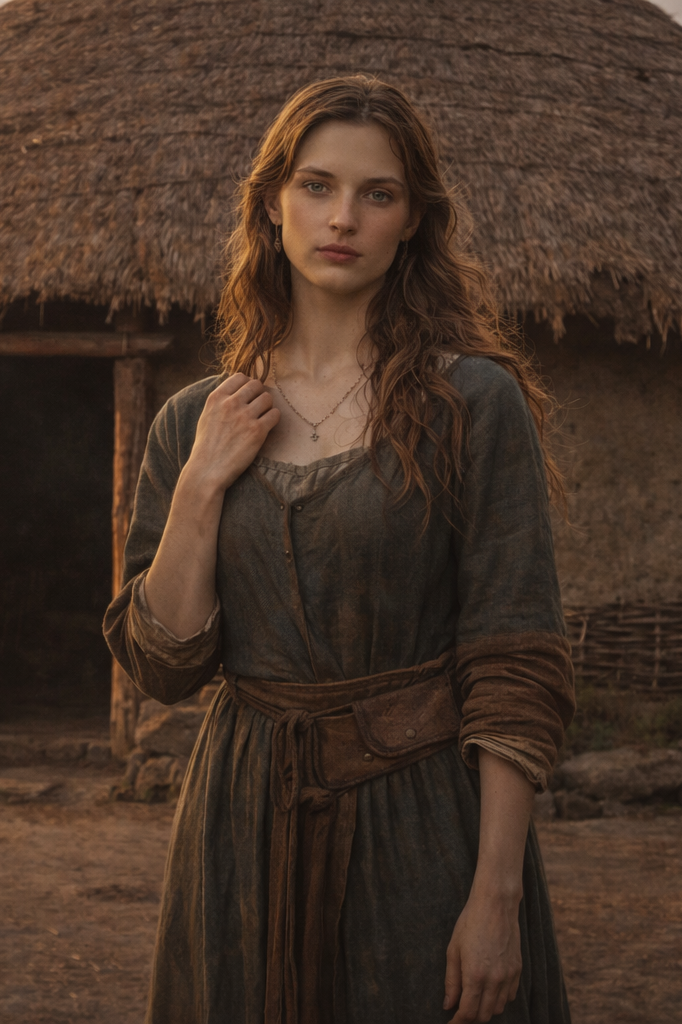 A young woman with long, wavy auburn hair stands outdoors in front of a traditional thatched-roof house during sunset. She wears a brown, vintage-style dress with a tied waist and subtle lace details, and looks directly at the camera with a calm expression.