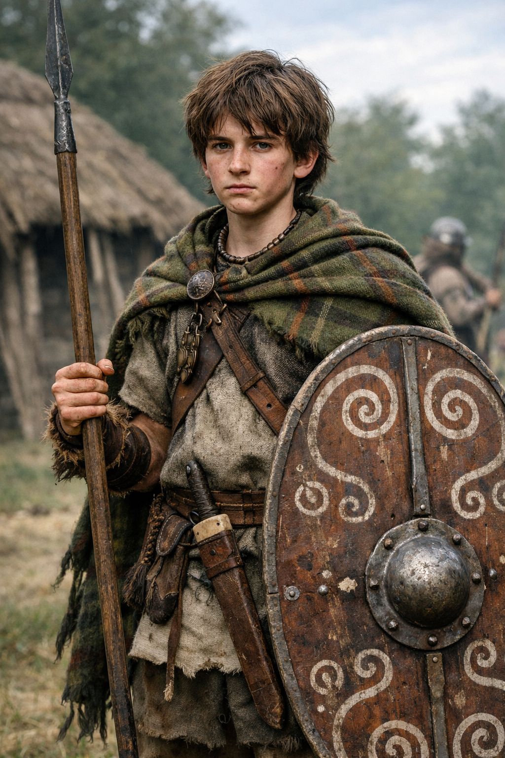 Young man dressed as a medieval warrior holding a spear and shield, wearing rugged clothing and a plaid cloak, standing outdoors with a thatched house in the background.