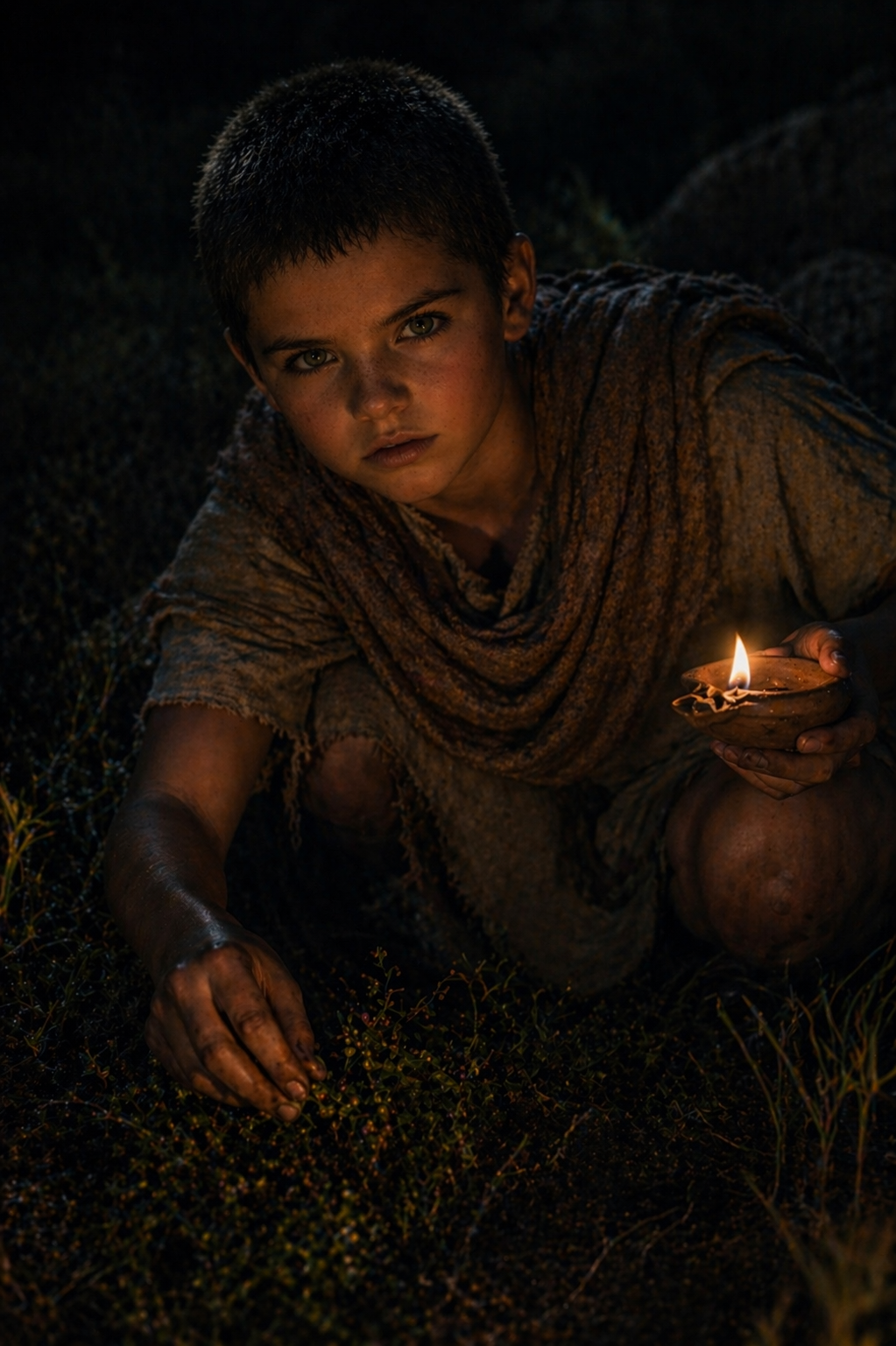 Young boy with dark hair, holding a lit oil lamp, crouching on the ground at dusk or night, surrounded by plants in a natural outdoor setting.
