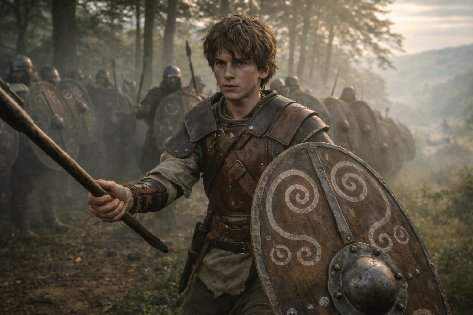 A young man in medieval warrior attire holding a wooden spear and shield, leading a line of soldiers in a forested area at sunset.