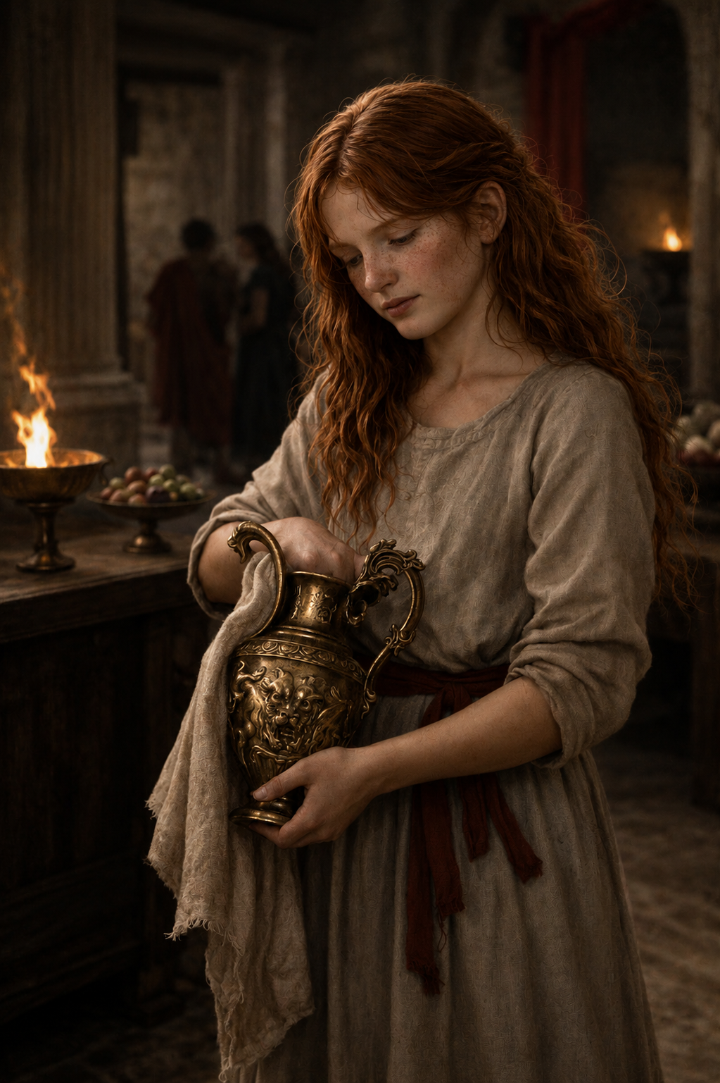 A young woman with long, curly red hair and freckled skin, wearing a simple beige dress with rolled-up sleeves and a red sash, holds a large ornate golden pitcher with a lion's face design on it in a dimly lit, rustic room with stone walls and wooden furniture. In the background, a few people are gathered near a table with bowls of fruit, and there is a small fire burning in a basin.