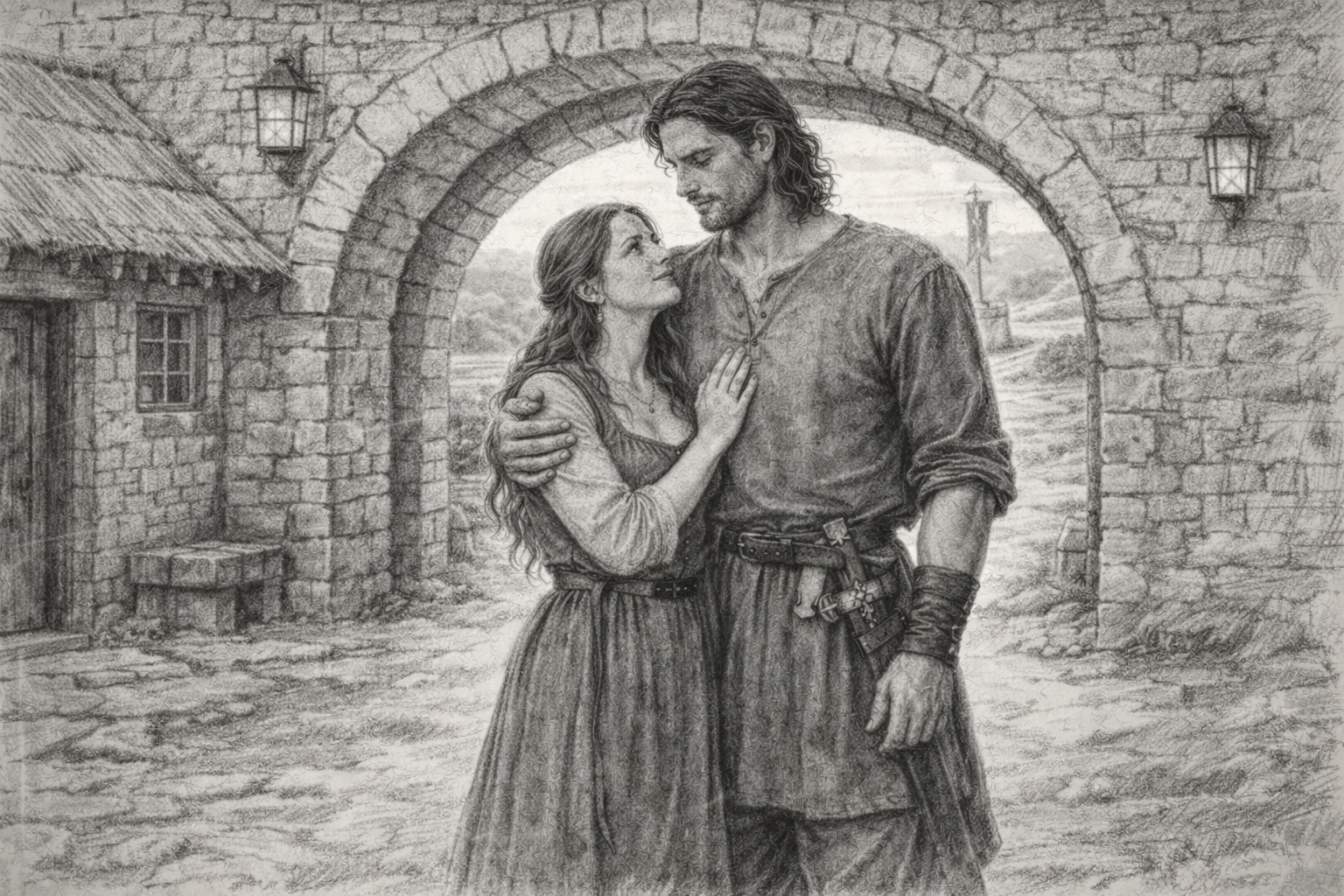 A romantic scene of a man and woman standing close under an archway of a stone village. They are gazing into each other's eyes, with the woman touching the man's chest. The man is holding a small object in his pocket, and the background features a landscape with a tower and a cloudy sky.