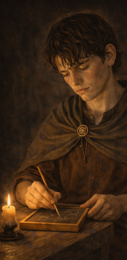 A young man with curly brown hair, dressed in medieval-style clothing, writes on a small blackboard with a candle on a table beside him.