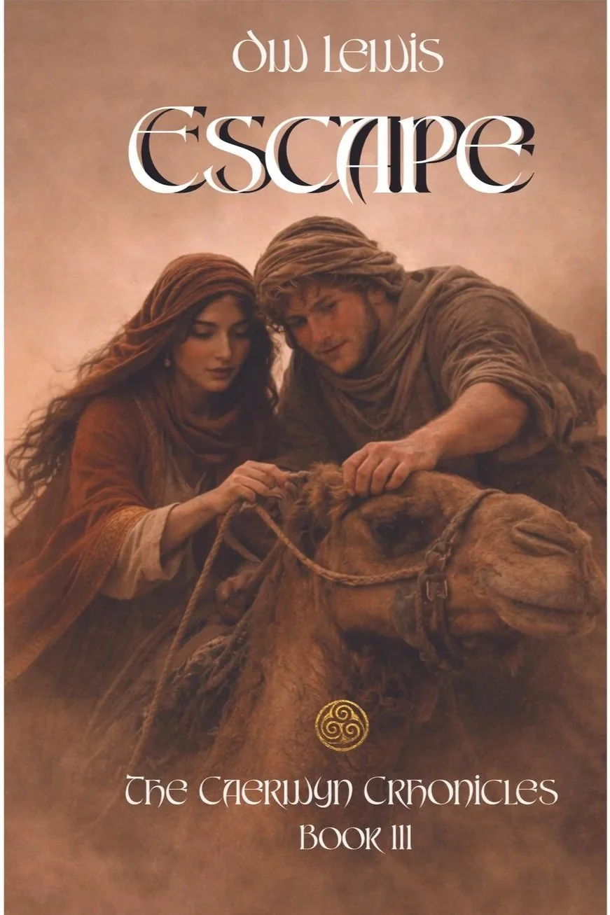 Book cover for 'Escape'  featuring a man and woman riding a camel, with the title and subtitle 'The Cheriwyn Chronicles Book III' on a sandy background.