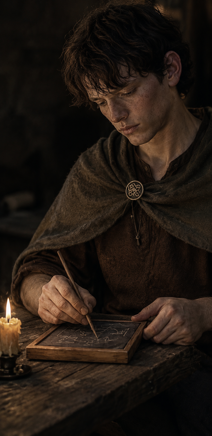 A young man wearing medieval-style clothing and a brooch, sitting at a wooden table, drawing on a small chalkboard with a stick of chalk. A lit candle is on the table.