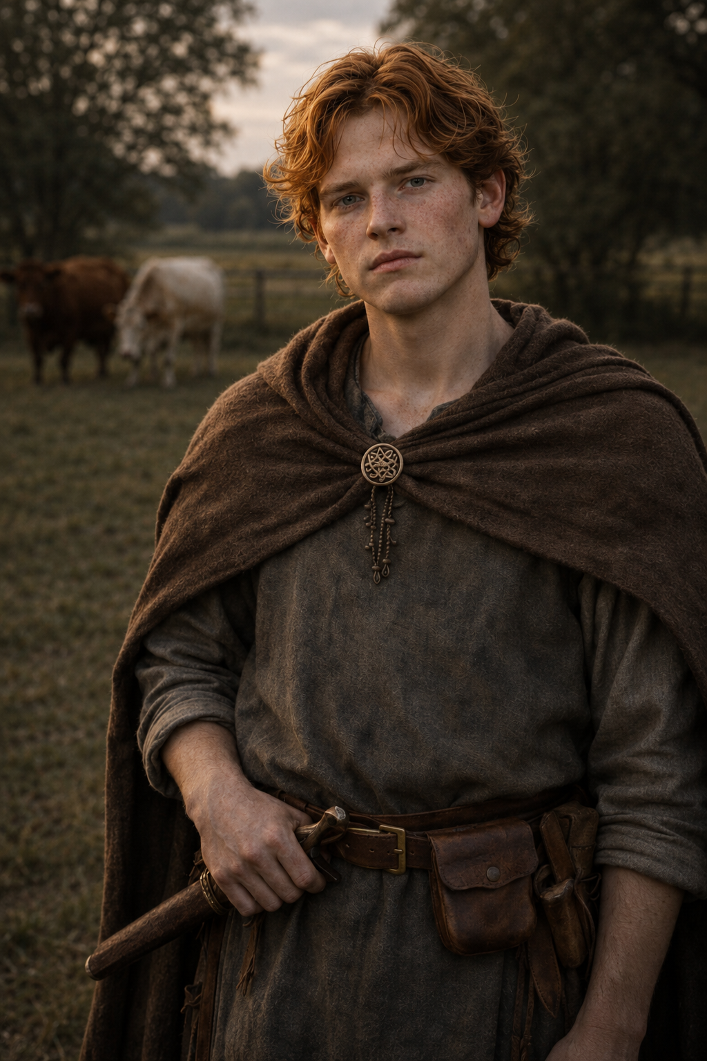 A young man with red hair and freckles dressed in medieval-style clothing, wearing a brown cape with a brooch, standing outdoors with cows grazing in the background at sunset.