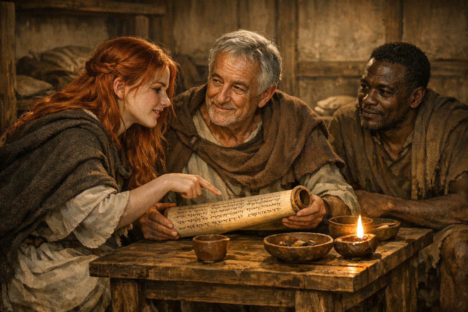 Three people in medieval clothing gathered around a table examining an ancient scroll in a rustic room, with a small candle providing light.